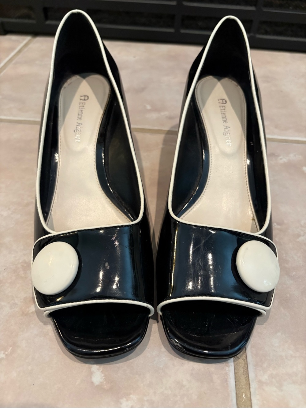 Black & White Patent Peep-Toe Pumps - Picture 3 of 6